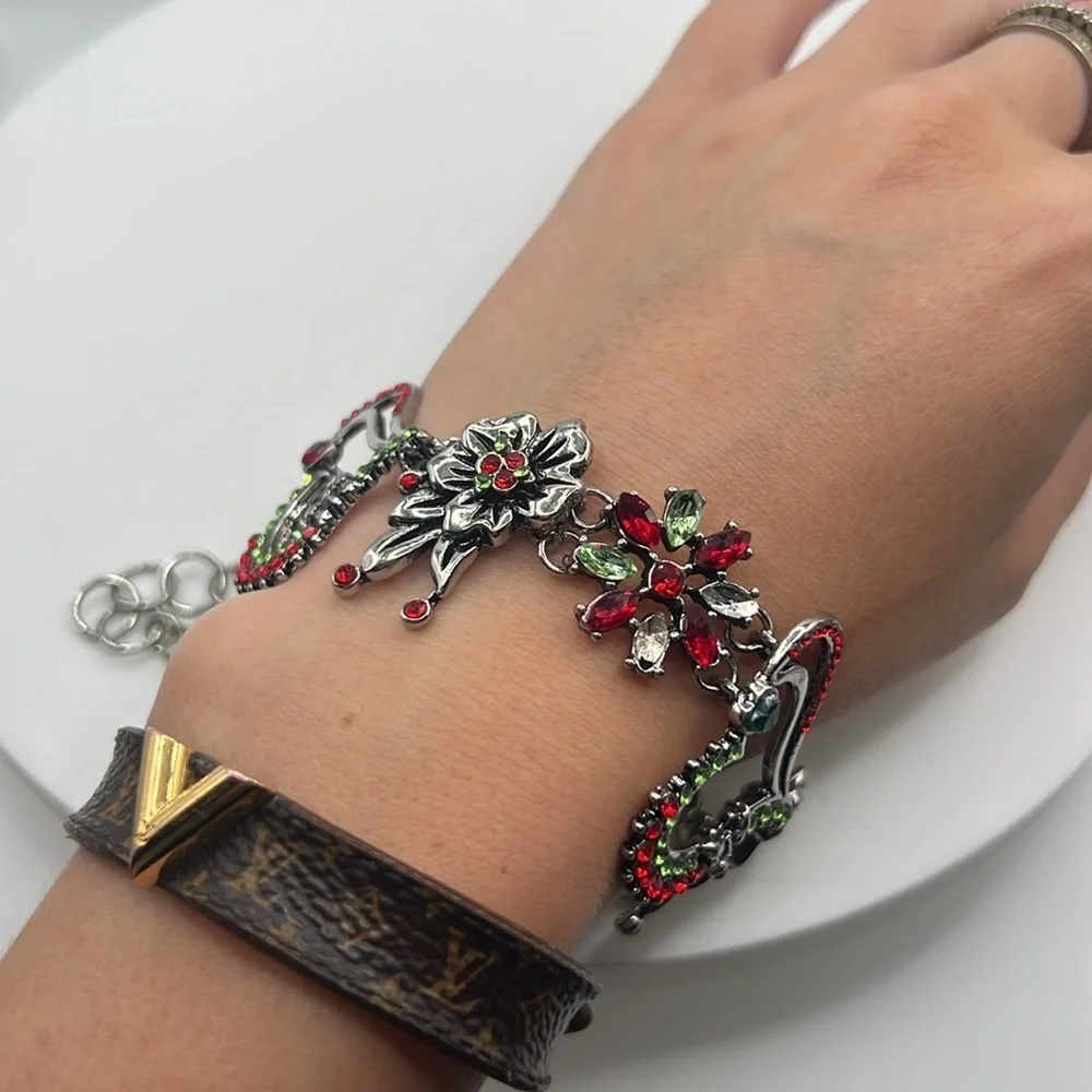 316. Elegant Silver and Red Floral Bracelet